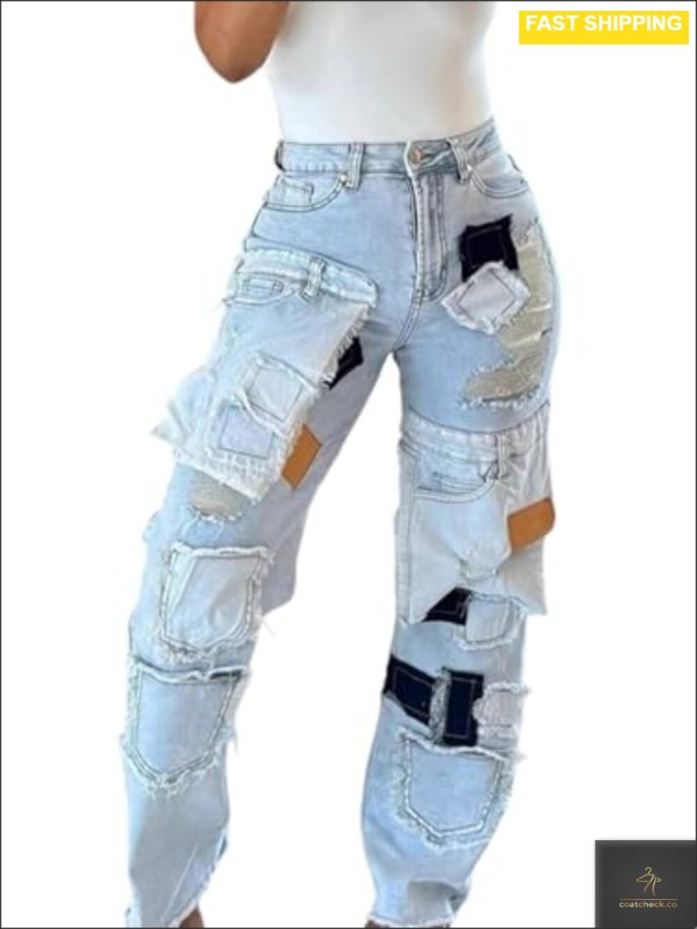High Waisted Distressed Patchwork Wide Leg Denim Jeans